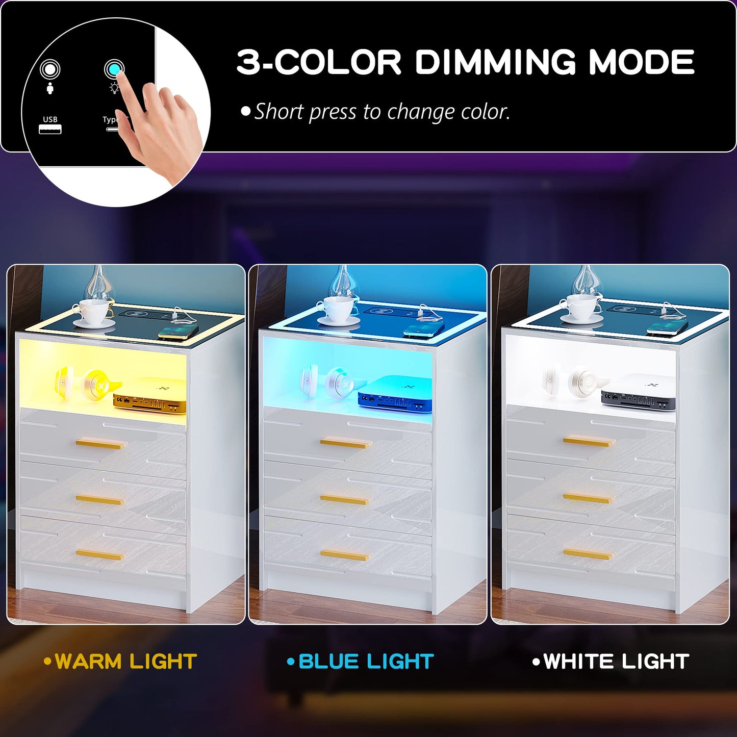 Bedside Table with Wireless Charging Station & 3 Drawers for Living Room