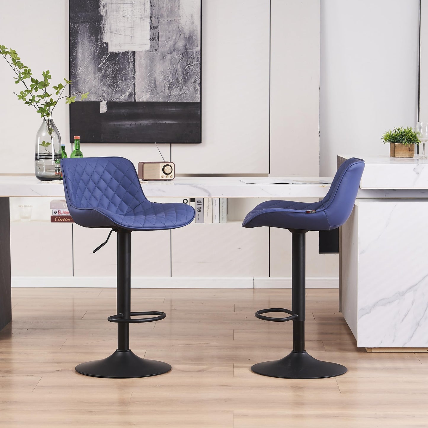 YOUTASTE Bar Stools Set of 2, Adjustable Height, PU Leather Padded Swivel Stools with Backrest, Gas Lift for Kitchen Island, Counter, Purple