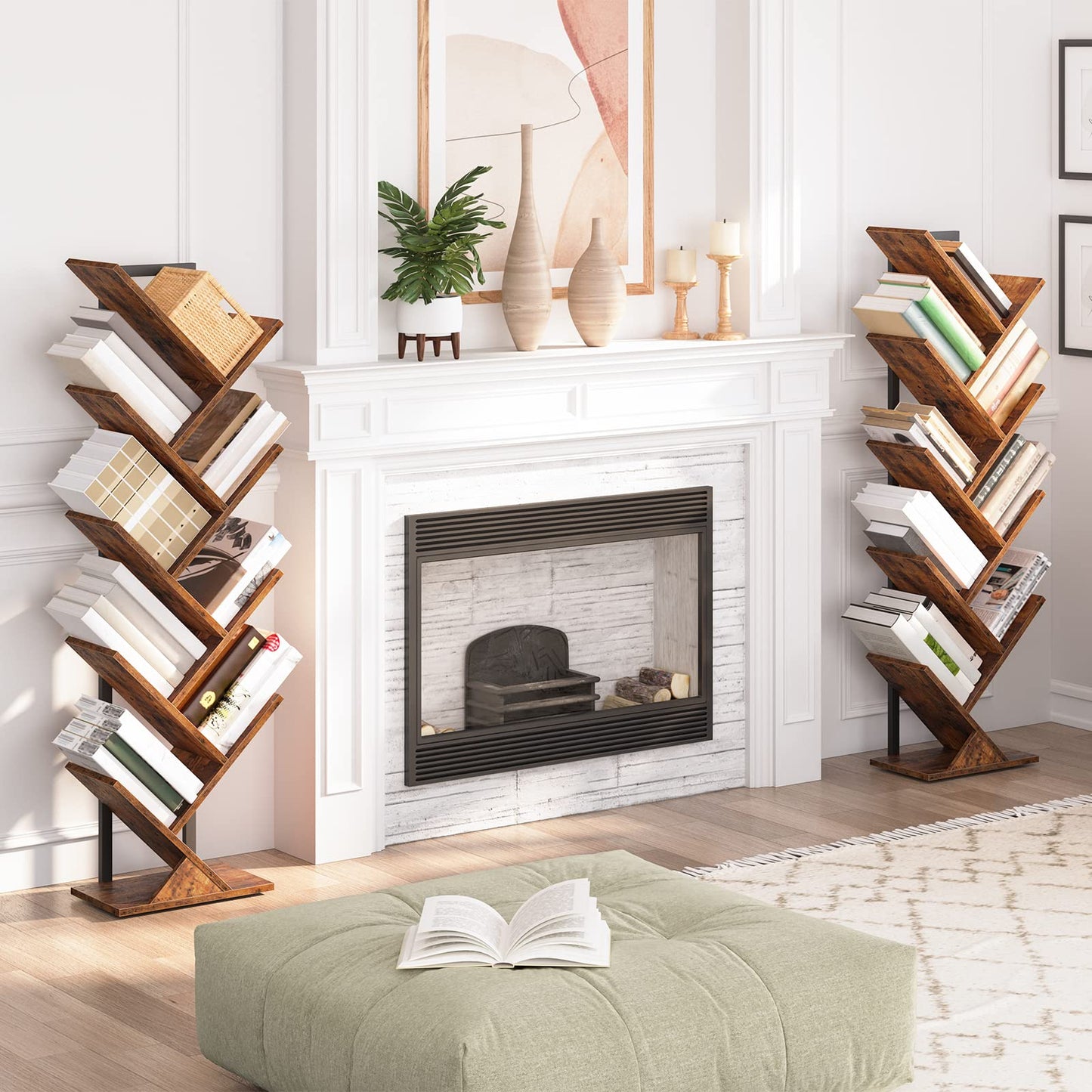 HOOBRO Tree Bookshelf Tall, 9-Tier Floor Standing Book Shelf, Tall Bookcase for CDs Albums, for Living Room, Rustic Brown and Black EBF08SJ01G1