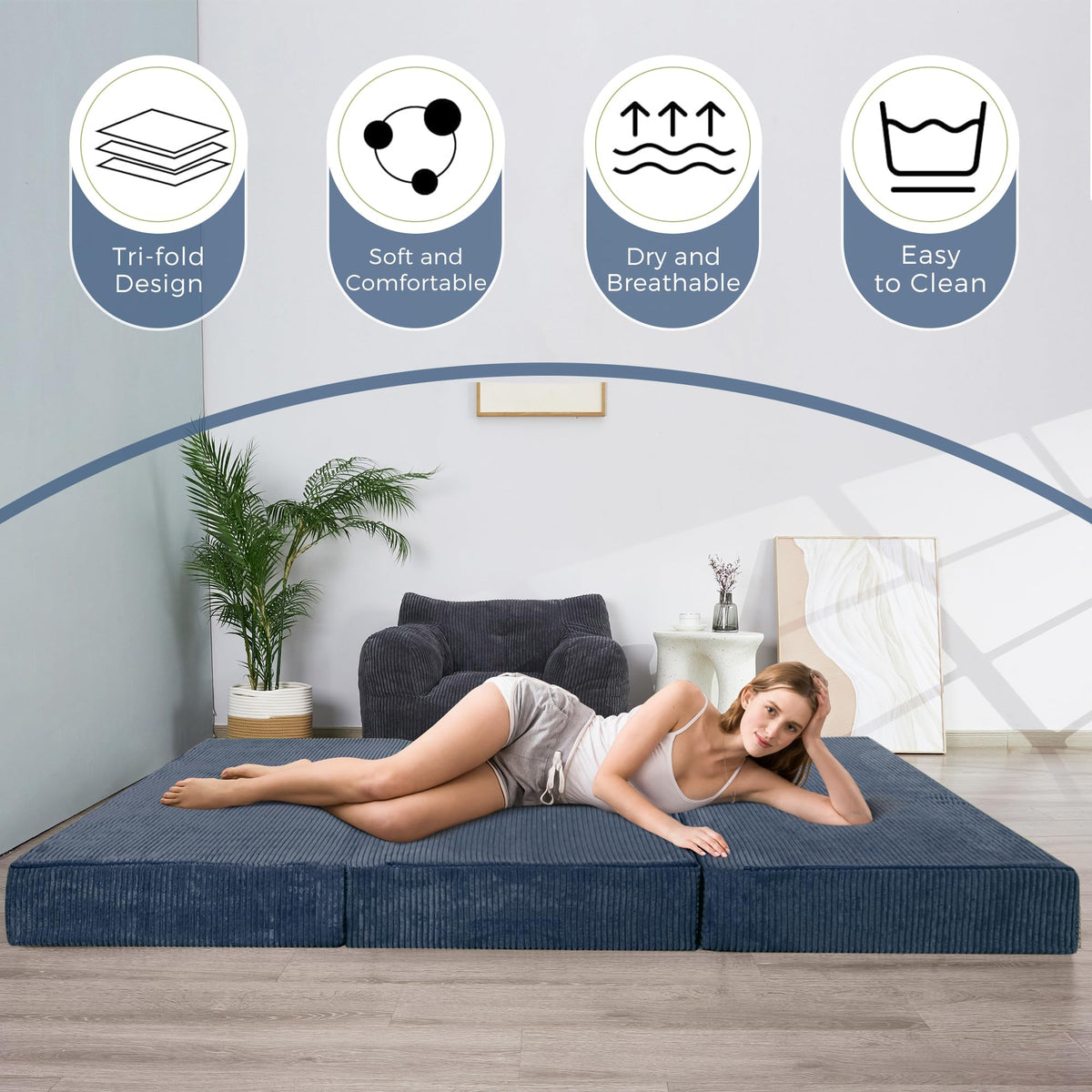 MAXYOYO Folding Corduroy Mattress, Tri Fold Floor Mattress 10cm thick with Washable Cover,Foldable in Three,Space-Saving for Guest Bluestone, King