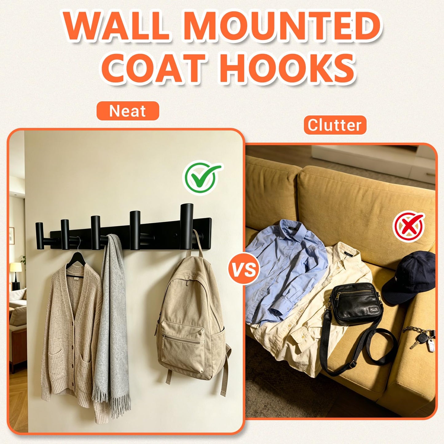 Matte Black Steel Wall Coat Rack 15.6in, 5 Hooks for Bathroom Hallway