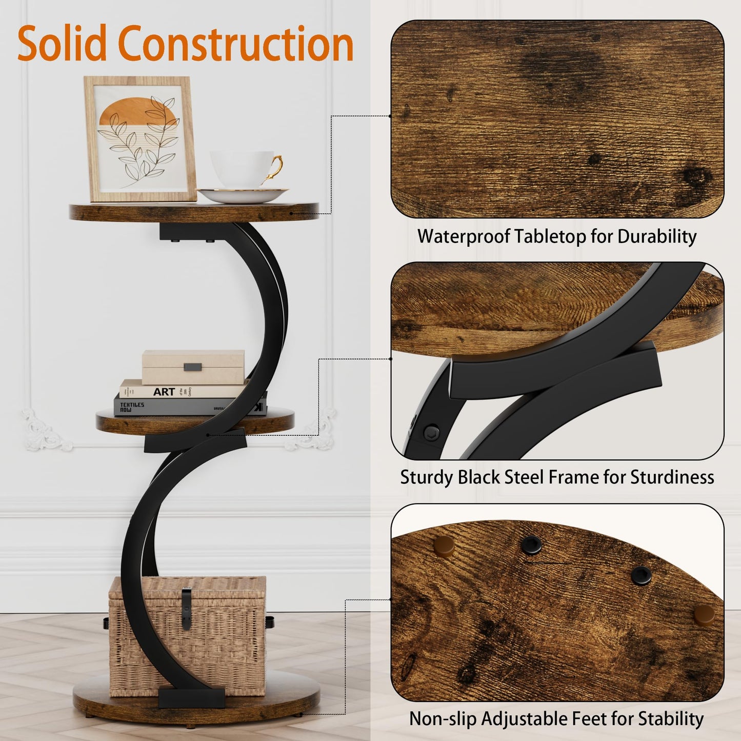 JUSTOGO Round Side Table, S-shaped 3-Tier Coffee Table, Small Table, Wood, Metal Bedside Table for Living Room, Bedroom