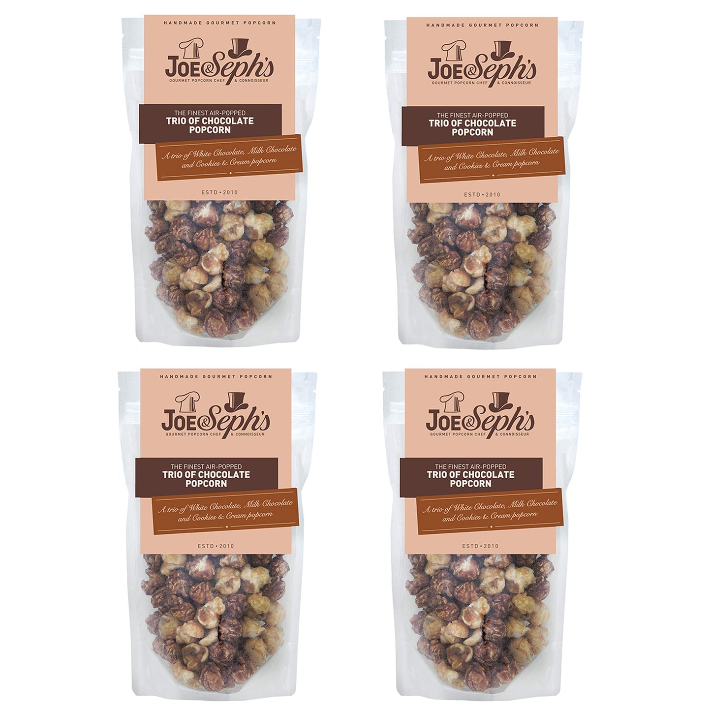 Joe & Seph's Trio of Chocolate Popcorn (4x80g), gourmet popcorn, air-popped popcorn, chocolate snack, sweet popcorn, movie night snacks, popcorn for a