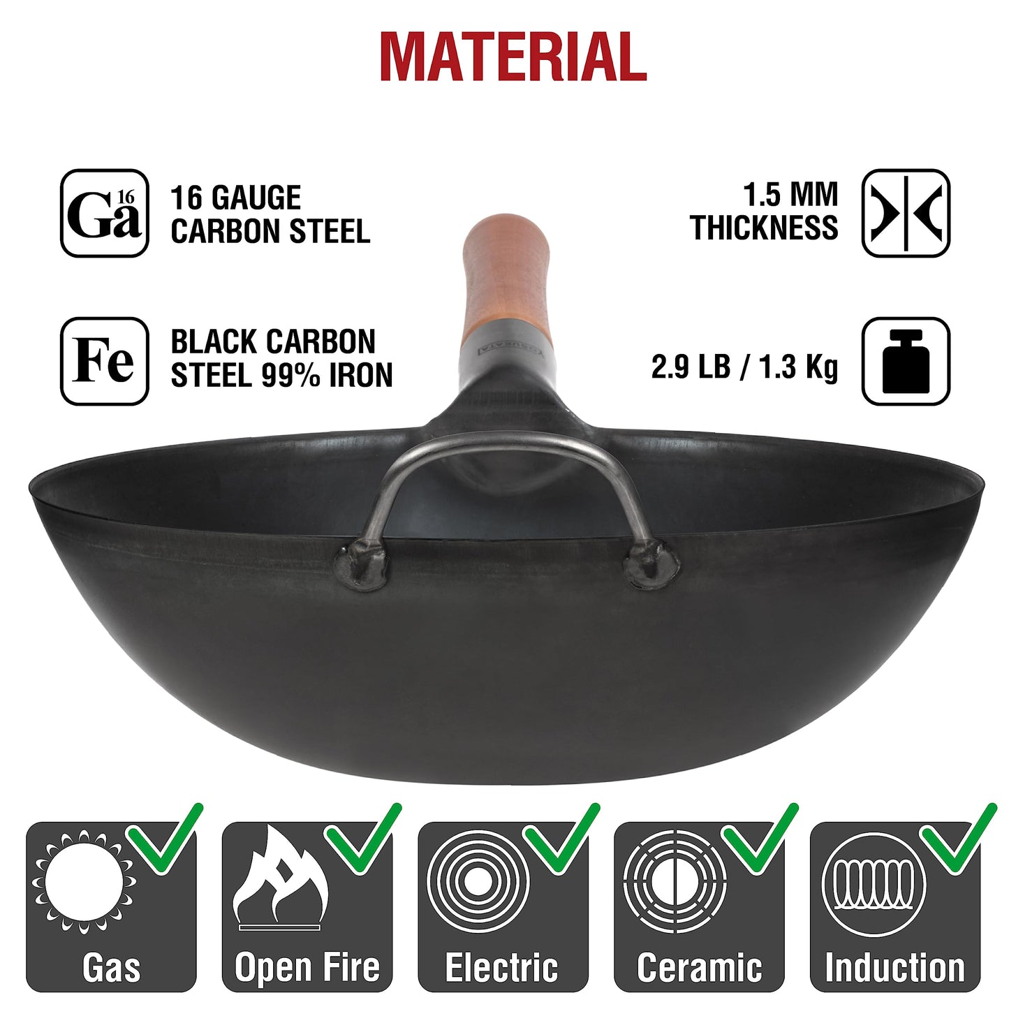 YOSUKATA Carbon Steel Wok Pan 30 cm Woks and Stir Fry Pans - Chinese Wok with Flat Bottom Pow Wok - Traditional Chinese Japanese Woks - Black Steel