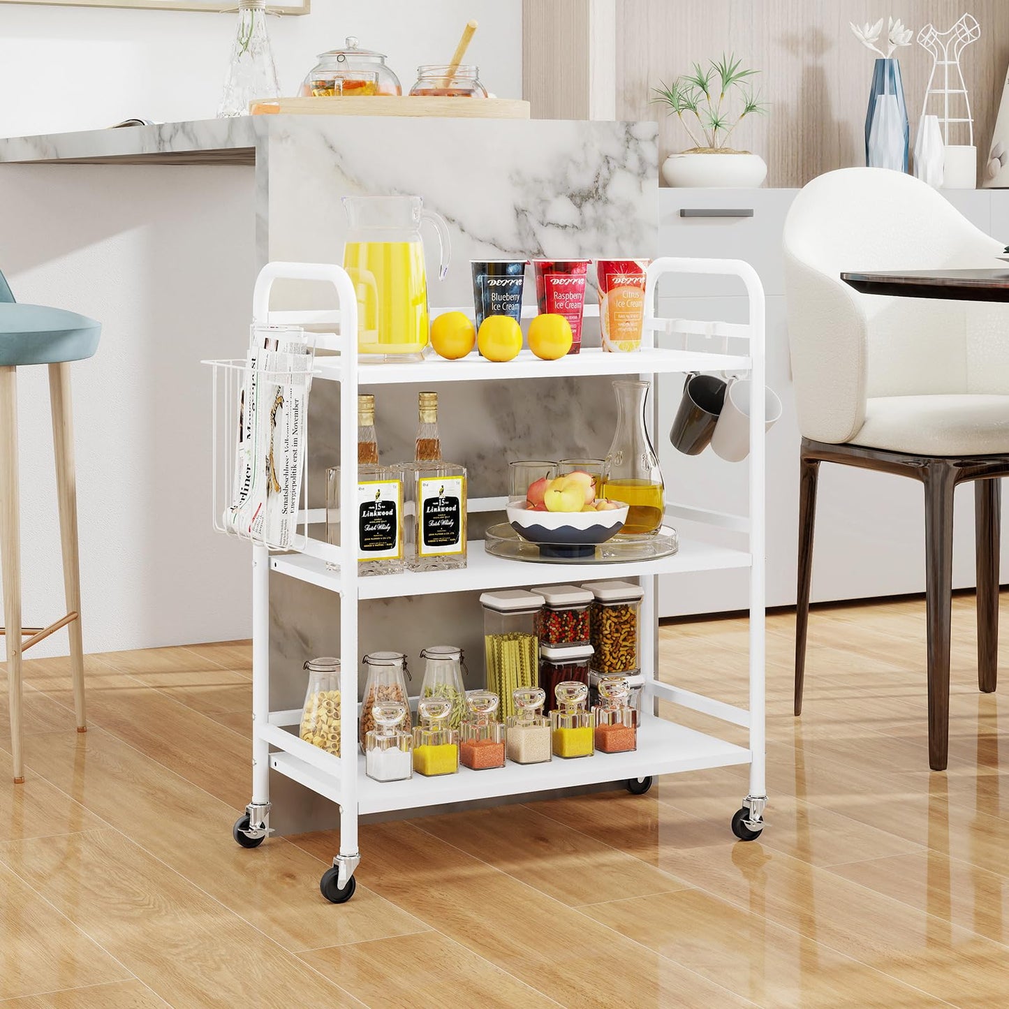 HDANI Serving Trolley,3-Tier Metal Trolley,White,with Basket