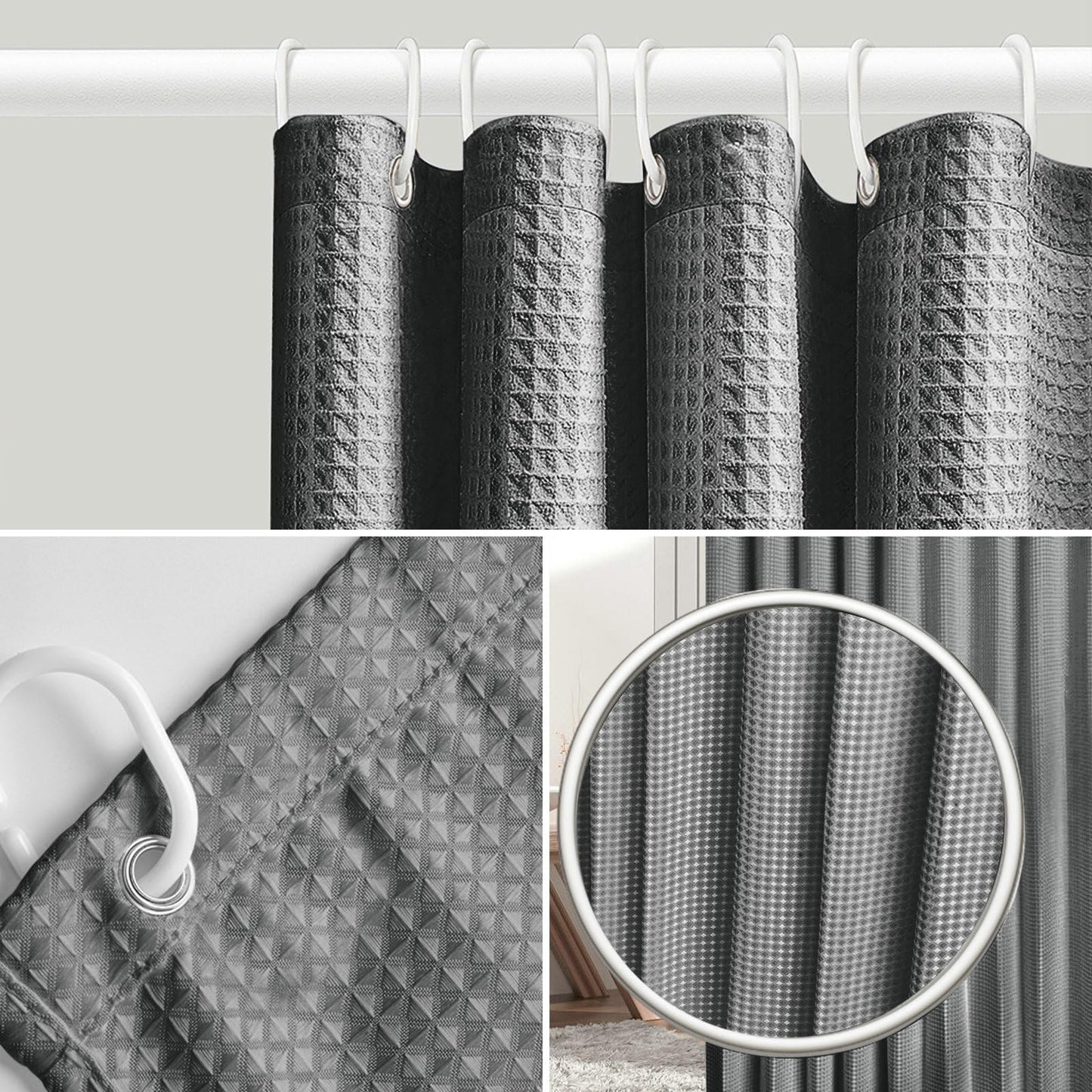 Stfery Waffle Shower Curtain with Metal Bath Curtain 120 x 200 cm Shower Curtain Anthracite Fabric Washable Anti Mould