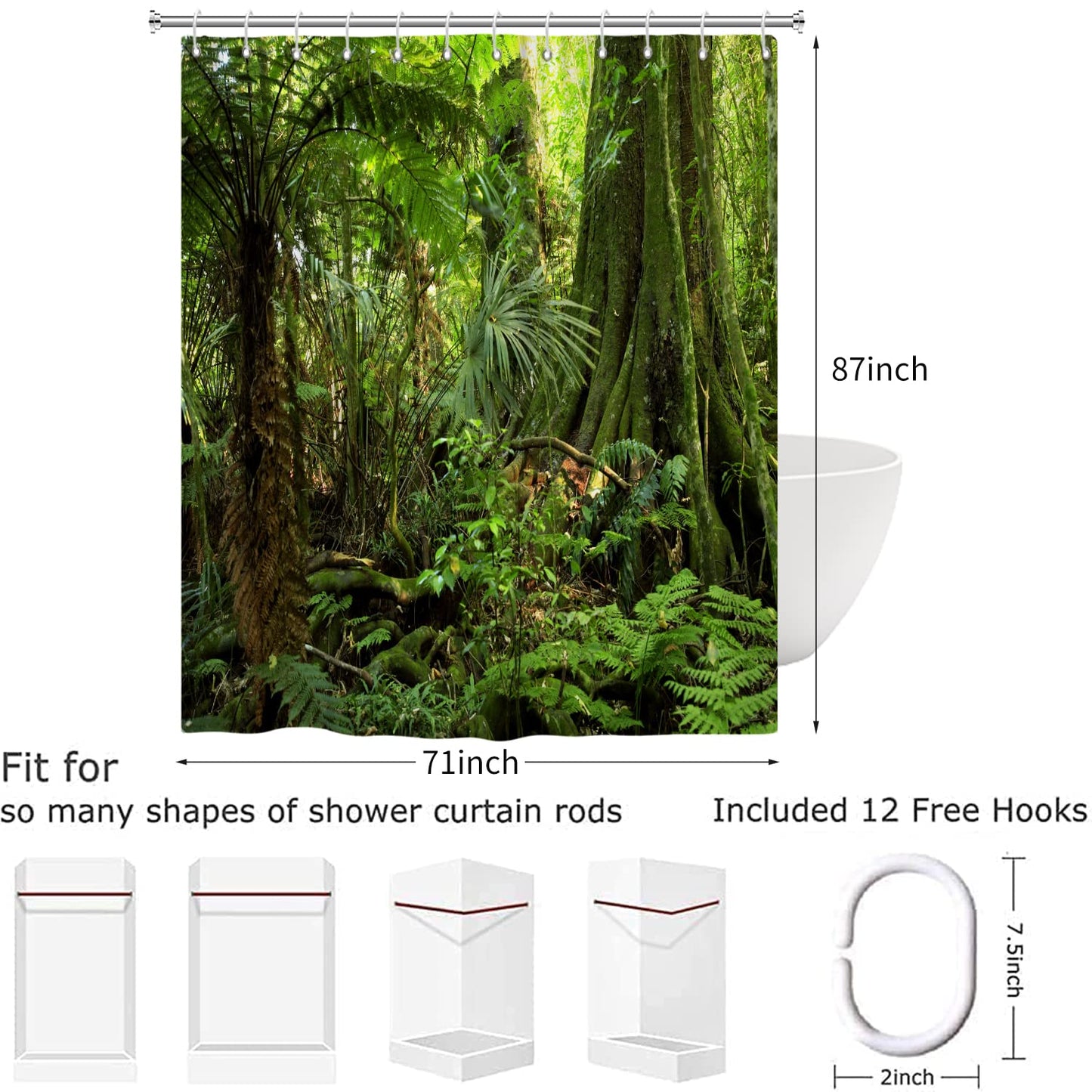 Forest Shower Curtain 180x220, Hnmdmyi Tropical Jungle Rainforest Green Tree Plant Nature Landscape Scenery Bathroom Curtains with Hooks Waterproof