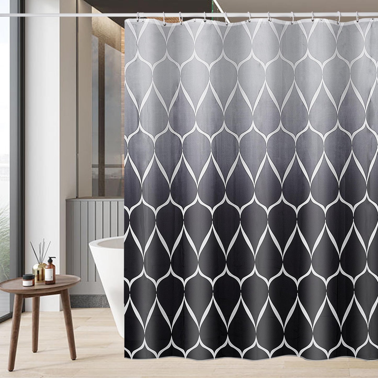 GERUIKE Weighted Shower Curtains Mould Proof Resistant - Grey & Black Shower Curtain 180 x 200 cm, Machine Washable Bath Curtains with 12 Shower