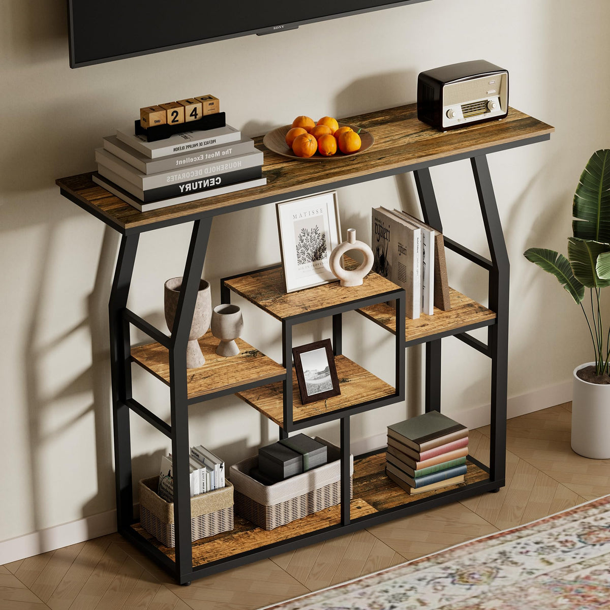 Pampaic Console Table, 6-Tier Slim Sofa Table,105 x 30 x 85cm, Hallway Table with Adjustable Foot Pads, Behind Couch Tables for Living Room, Entryway