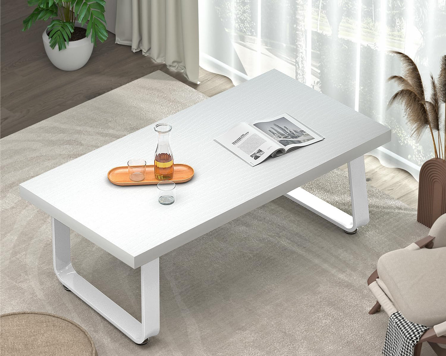 HSH White Oak Coffee Table, 60D×120W×46.5H cm, Rustic Industrial Wooden Coffee Table for Living Room Bedroom Office