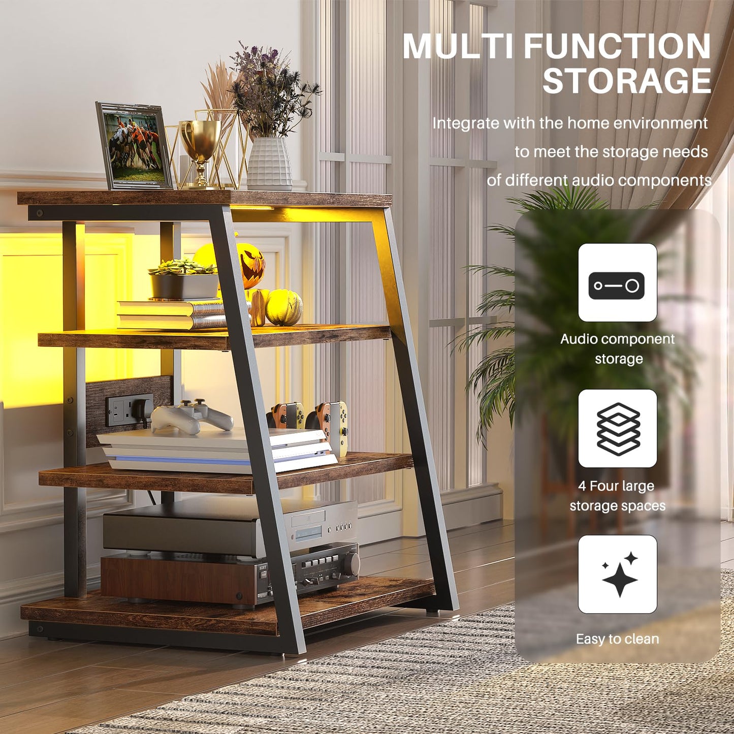 iSunirm HiFi Stand, AV Media Stand with Outlets, 4-Tier Media Console with LED Lights, Record Player Stand With Storage Shelves