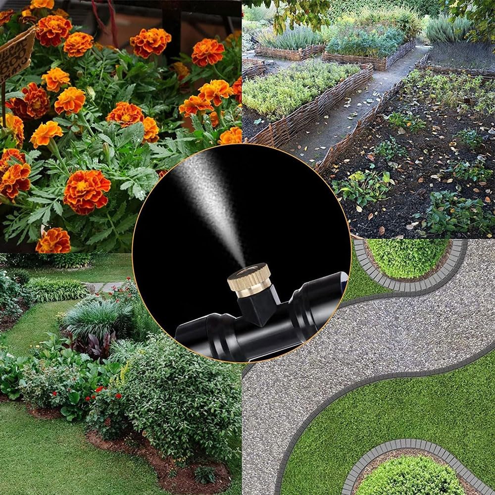 VOANZO 10 Pieces T-Piece Water Pipe Connector with Brass Mist Nozzles - Irrigation System Sprayer Sprinkler Spray Nozzle T-Connector for Outdoor