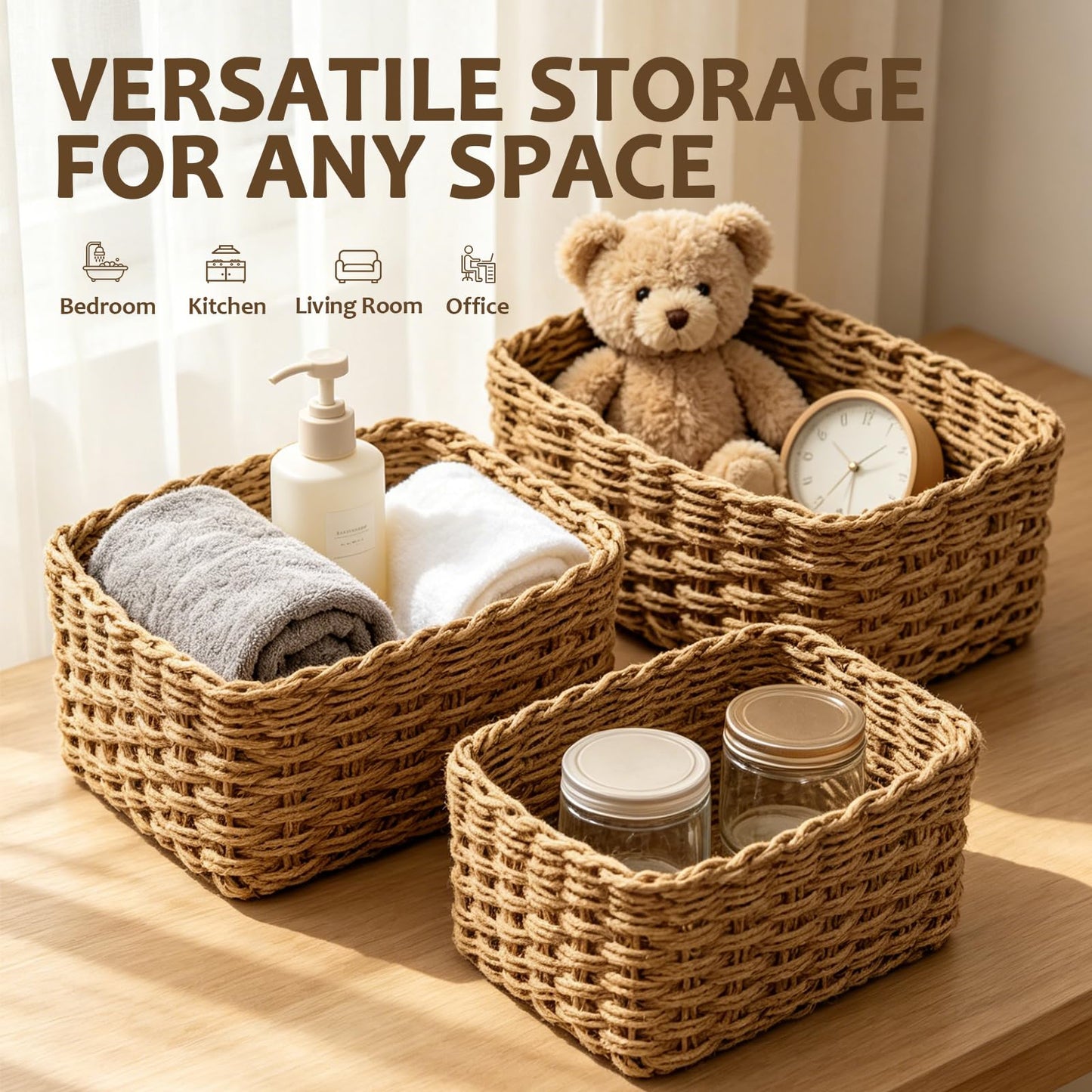 4PCS Woven Storage Baskets Set, Decorative Basket Organizer Storage Bins for Toys, Books, Clothes, Closet, Nursery, Bathroom
