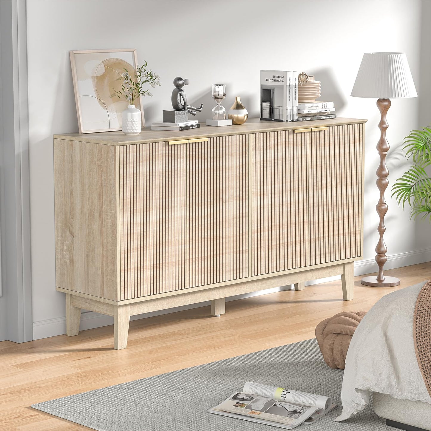 Yvsevnr Sideboards for Living Room, Buffet Storage Cupboards with Adjustable Shelves, 140 cm Kitchen Cabinet with 4 Doors, Anti-tip