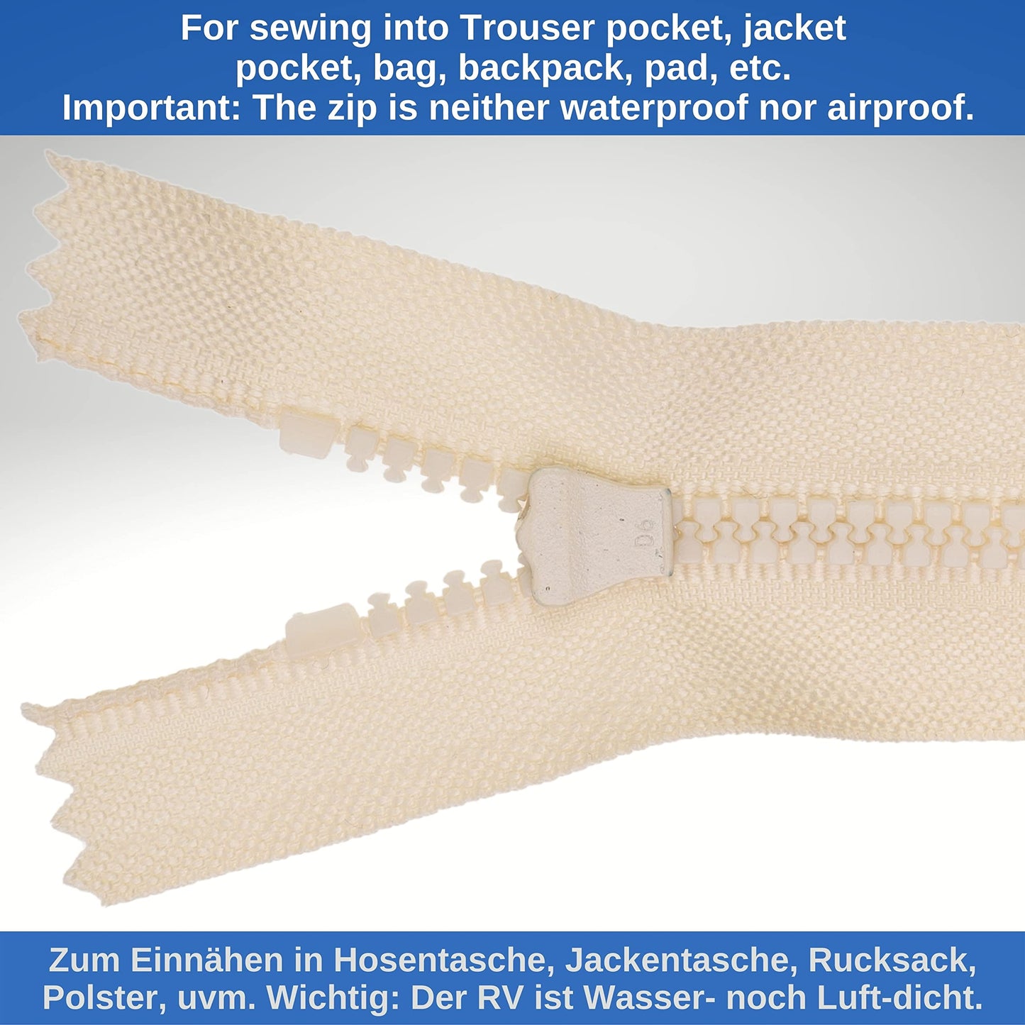Non-Divisible Zip, 2 Pieces, 45 cm Rail Length, in Beige, #3 Zip Size, 4.5 mm Rail Width, 30 mm Tape Width, Replacement Plastic Zip