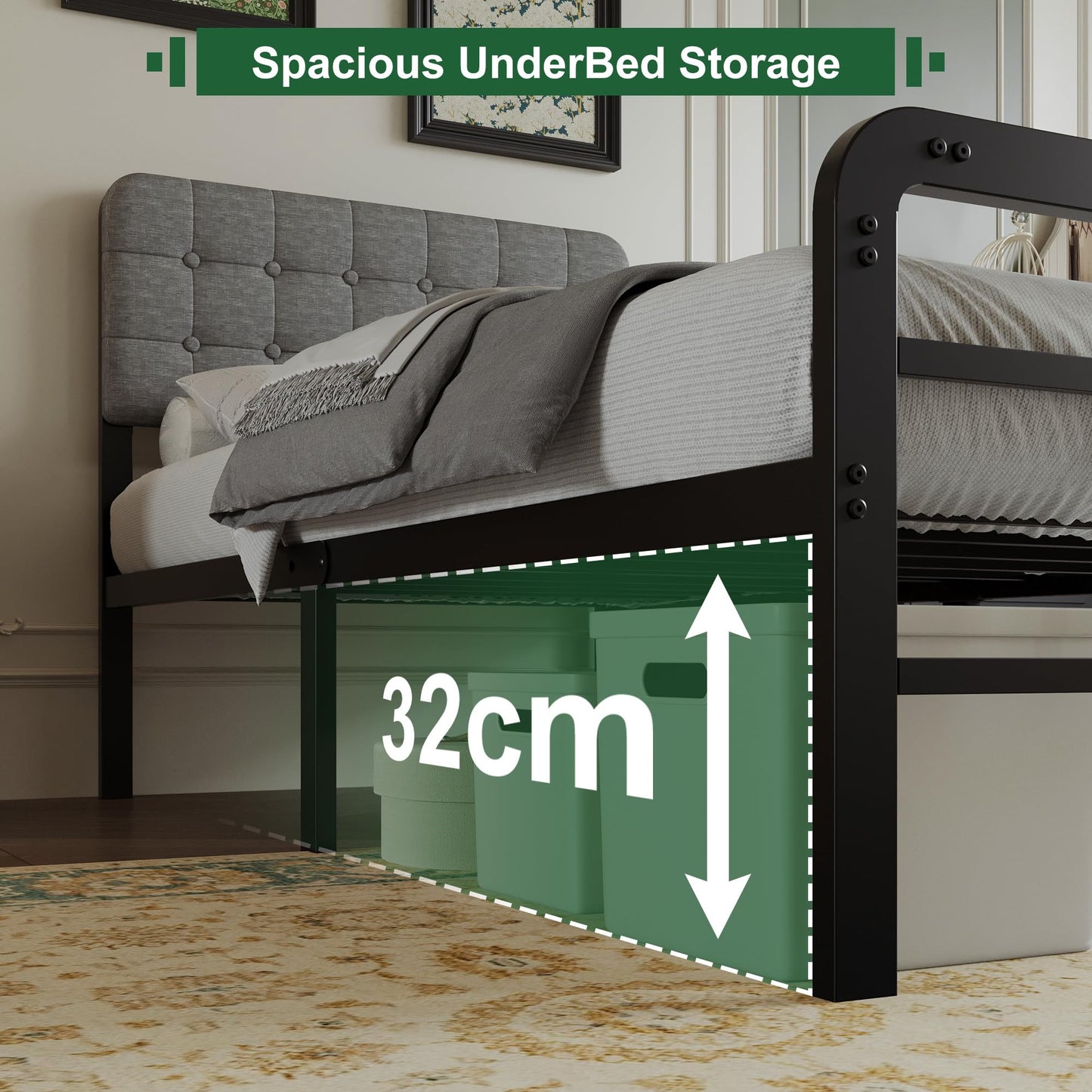 EMODA Small Single Bed Frame with Upholstered Headboard and Footboard