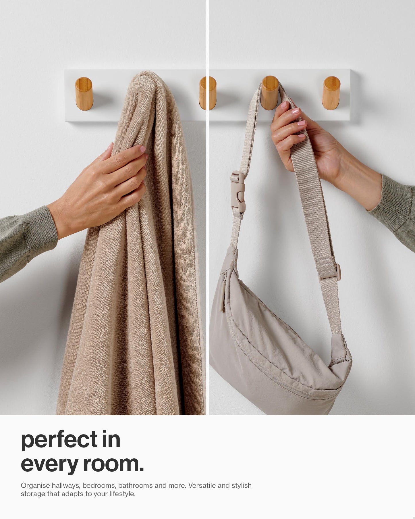 LARHN White Wall-Mounted Coat Rack - 5 Wooden Coat Hooks, 42cm