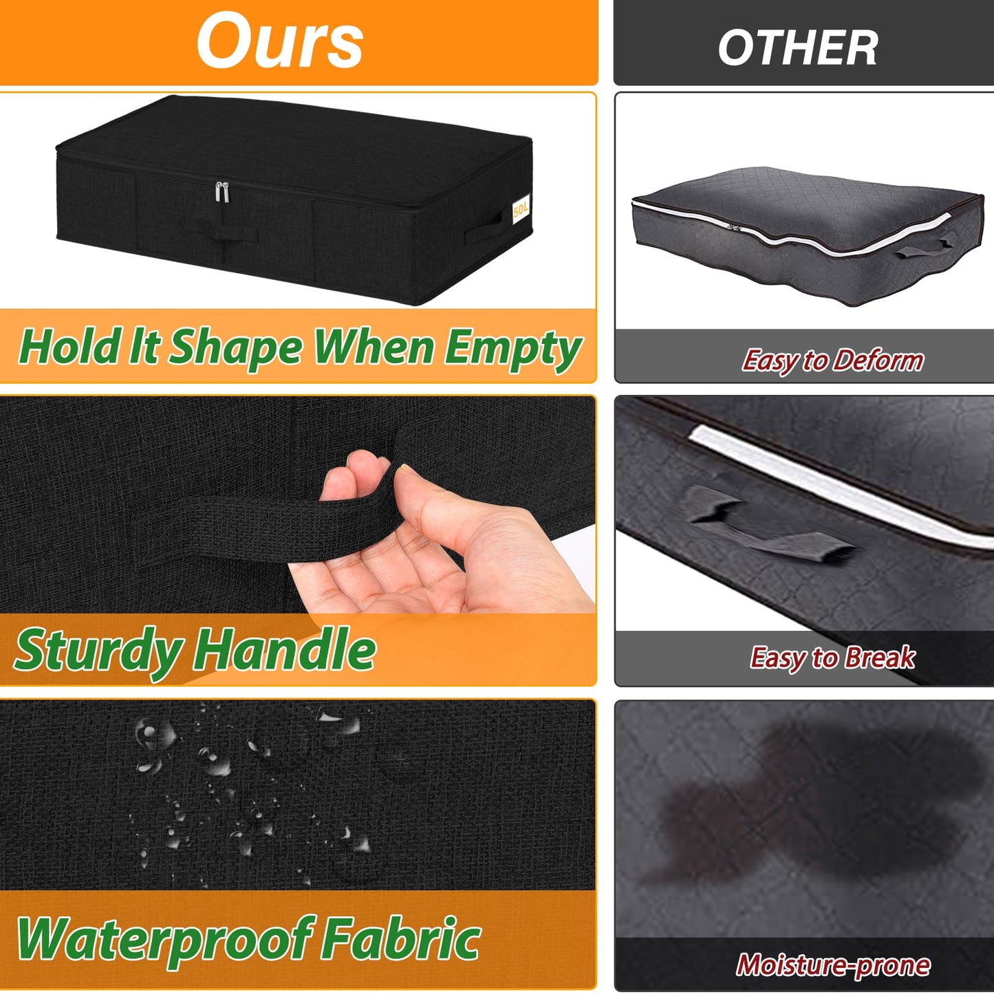 50L 17cm Tall Under Bed Storage Boxes with Zipped Lids, 2 Pack, Black