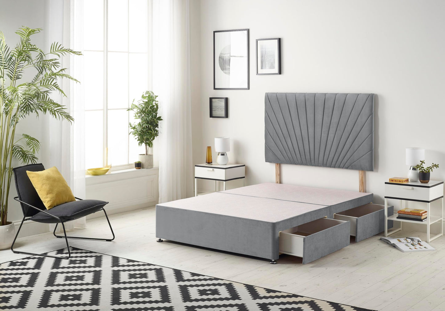 Bed Centre Platinum Charcoal Plush Divan Bed Base With Same Headboard And Storage Drawer-3FT Single,