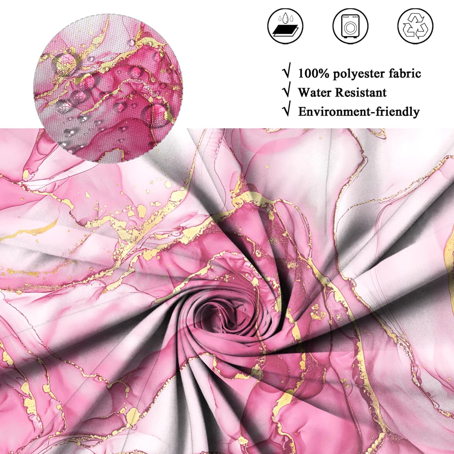 ASDCXZ Pink Marble Shower Curtain 180x200 cm, Modern Abstract Art Pink Gold Marble Optics Texture Waterproof Bath Curtain Polyester Textile Washable