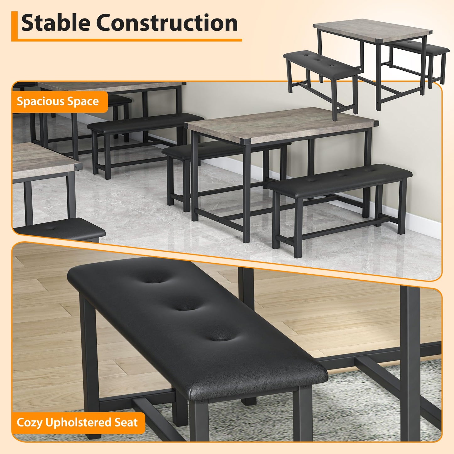 GarveeHome Dining Table with 2 Benches, 3 Piece Kitchen Table Set, Space Saving Dining Room Furniture, Metal Frame