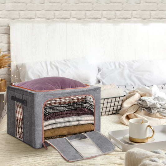 Steel Frame Storage Box, 66L Clothes Storage Bag with Double Opening Zipper,Thick Cotton Linen Protect from Moisture Dust,Perfect for Clothing Toys