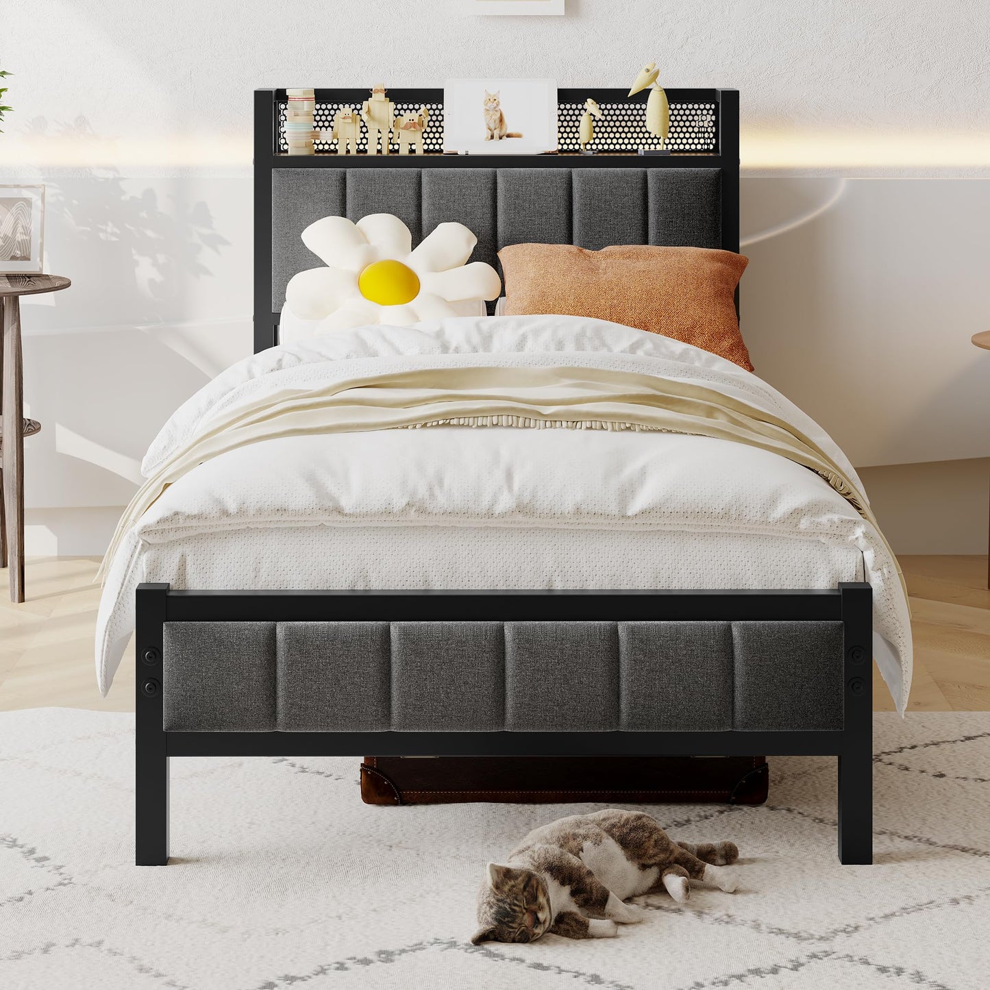 BORPHOM 3ft Single Bed Frames with Storage Headboard,Heavy Duty Metal Bed Frame Single No Box Spring Needed,Solid Bedstead Base/Strong Steel Slats