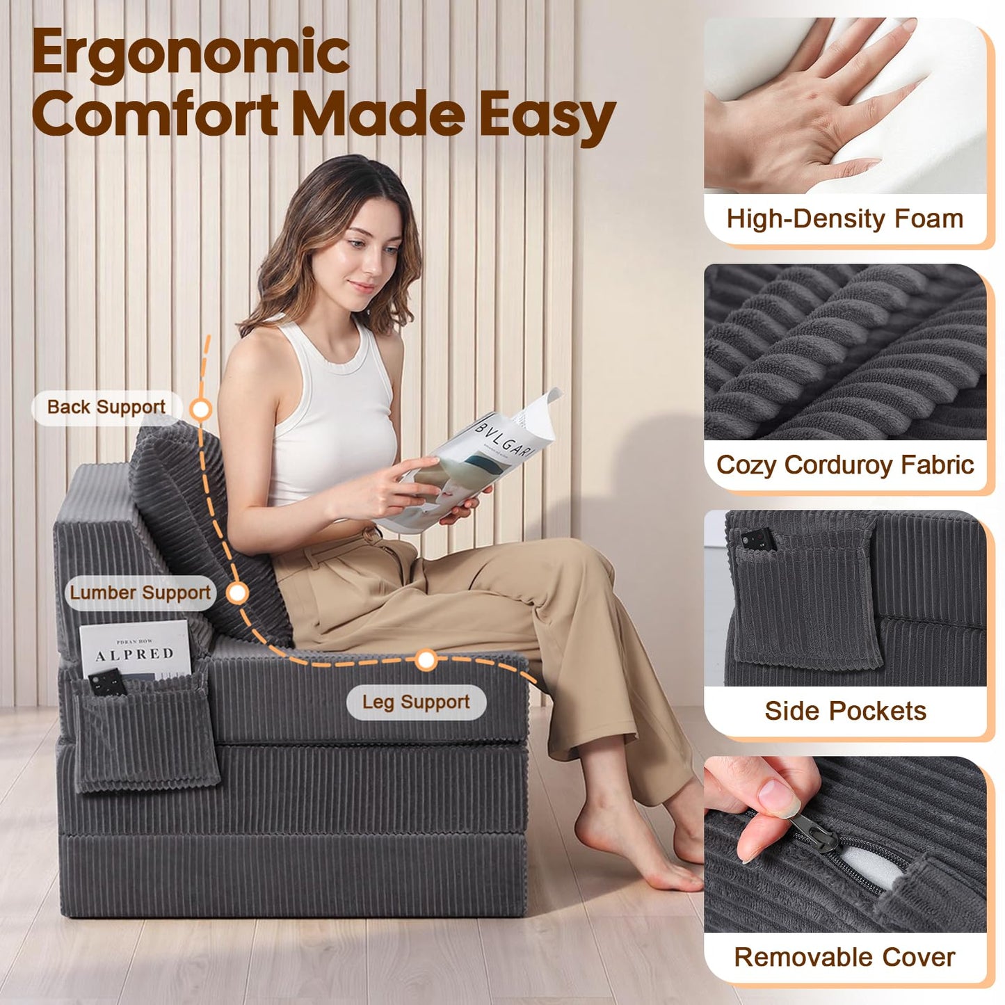MeMoreCool Single Folding Sofa Bed Chair, Convertible Boneless Couch, Grey