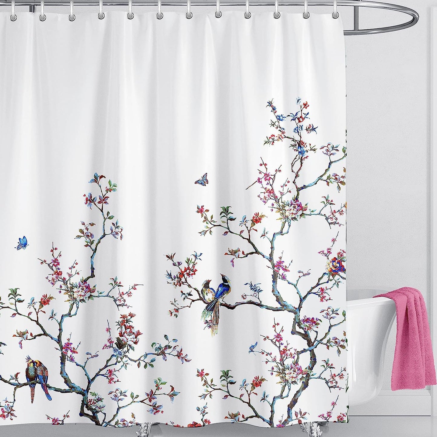 LIVETTY White Bird Extra Long Shower Curtain 180cm ? 210cm Drop Floral Butterfly Fabric Bathroom Mould Proof Spring Washable Shower Curtain With 12