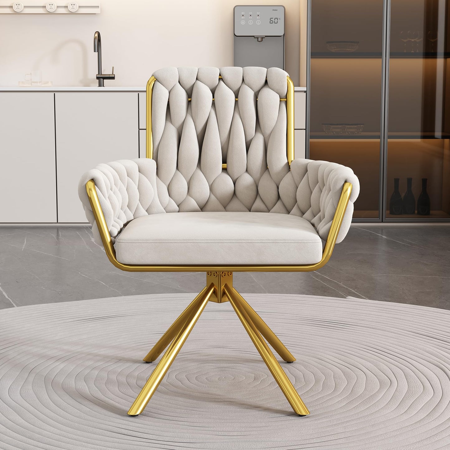 Merax Dining Chairs Set of 1, Modern Upholstered Seat for Kitchen, Living Room, or Bedroom, Luxurious Leisure Swivel Armchair with Sturdy Metal Legs