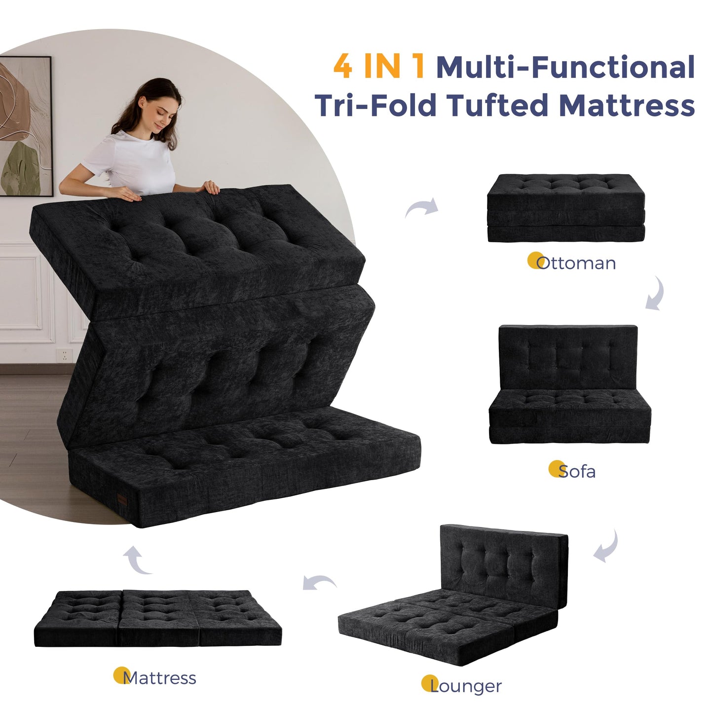 MAXYOYO Folding Mattress Chenille Fabric 15cm, Sofa Bed for Guest