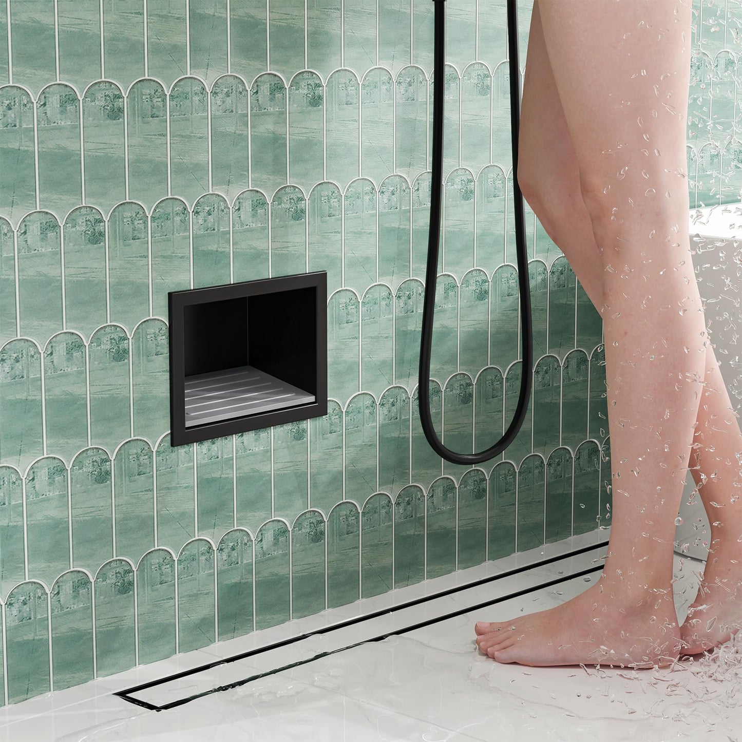 Neohomee Wall Recess Shower Recessed Shower Foot Rest Made of 304 Stainless Steel Recess with Non-Slip Silicone Pads for Bathroom, Black