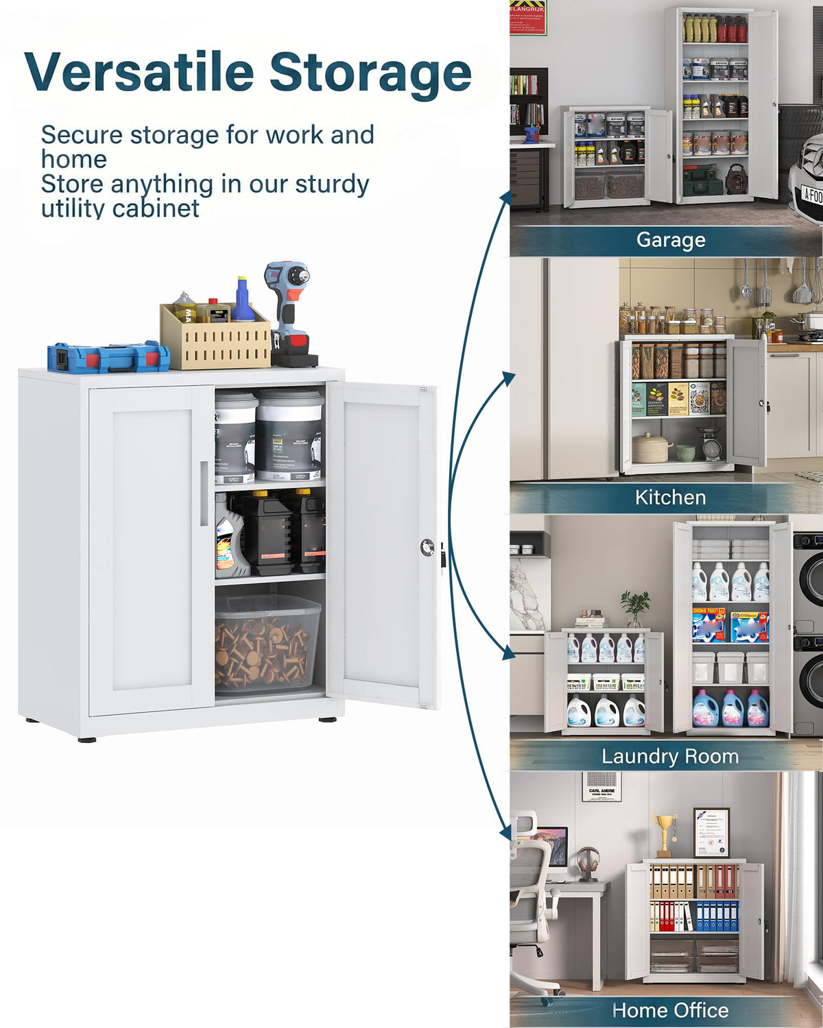 HOMSTEEL Storage Cabinet, Metal Locking Garage Cabinet, Office Cabinet with Adjustable Shelves, Cupboards for Office, Garage and Utility Room