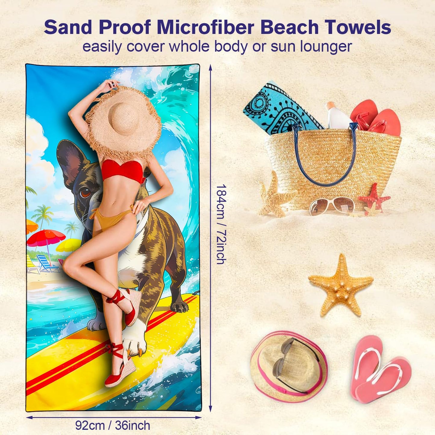 Violetpos Surfing French Bulldog Beach Towel, Extra Large 180x90 cm 250GSM Microfibre, Sand Free Quick Dry