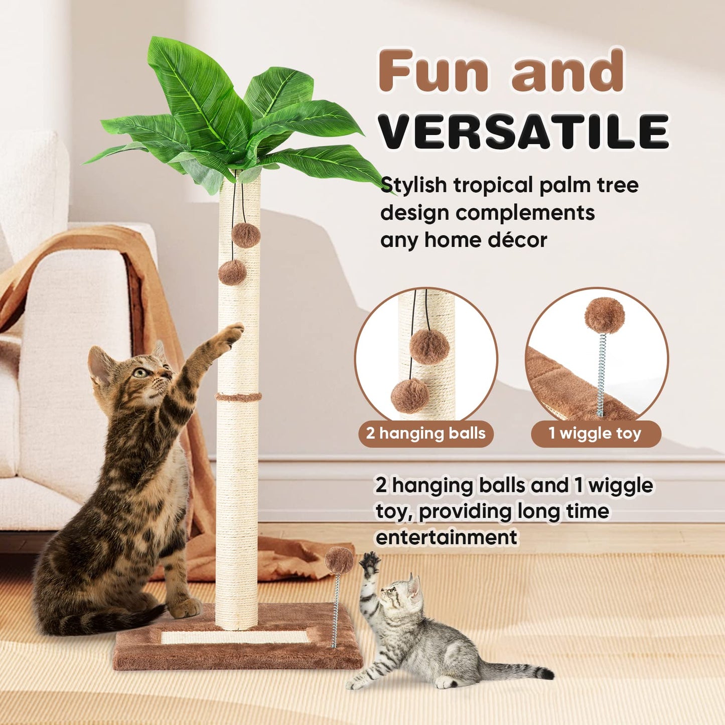 Cat Scratching Post for Indoor Cats 80cm Tall Scratch Tree Toys for Kitten & Adult Cats, Brown Cat Tree Post