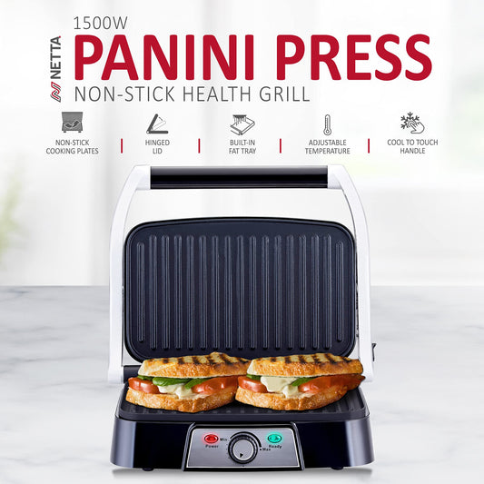 NETTA Panini Maker & Health Grill - Sandwich Toaster, Panini Press - 2 Slice Non-Stick Grill Plates Built-In Fat Tray - 1500W - Stainless Steel