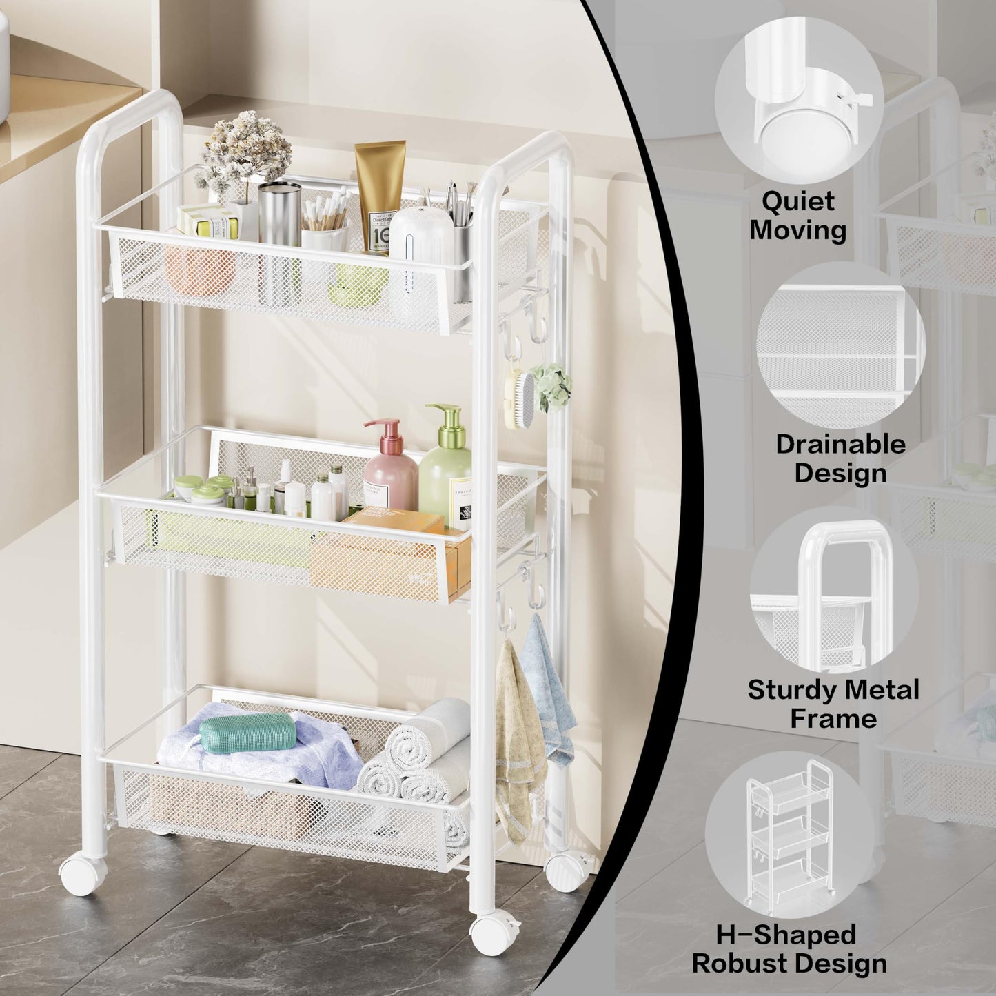 Goeasyoii 3/4/5 Tier Rolling Cart, Metal Storage Cart,Space-Saving Kitchen Cart with Castors,Shelving Organizer for Kitchen, Bathroom, Laundry Room