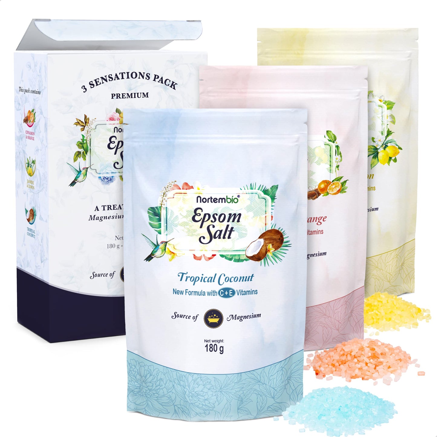 Nortembio Epsom Salt Gift Pack Cinnamon, Jasmine and Rose Fragrances 3 x 180g | Natural Magnesium with Vitamins C & E | Relaxing Baths, Spa, Hydration