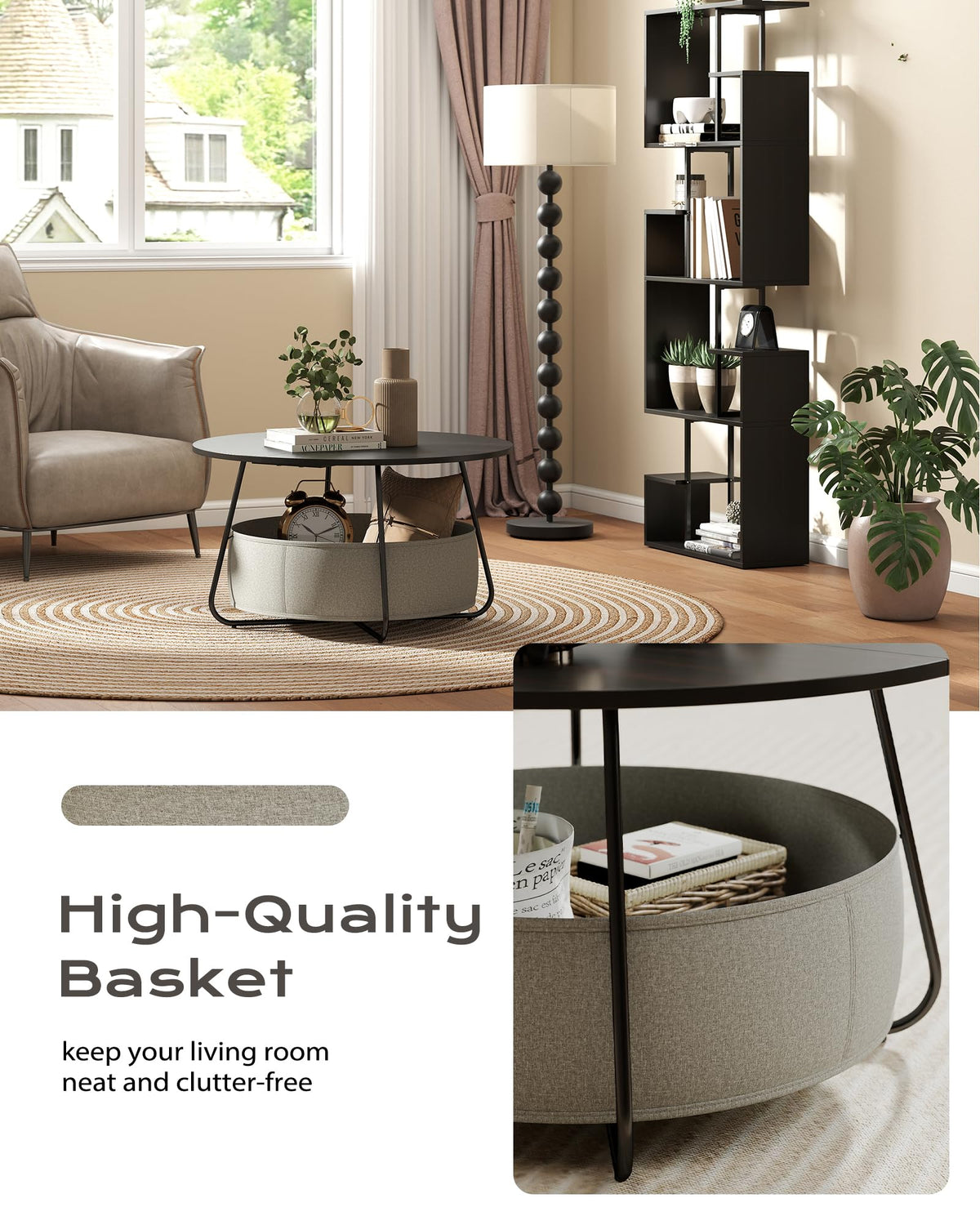 Manora Round Coffee Table Black Walnut with Storage Fabric Basket