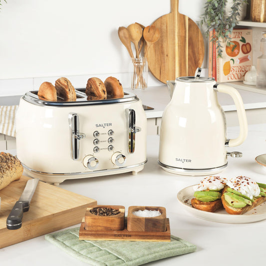 Salter EK5739CRM Retro 4-Slice Toaster Wide Slots, 6 Browning Levels, Defrost, Reheat, Cancel Functions, Removable Crumb Tray, Extra Thick