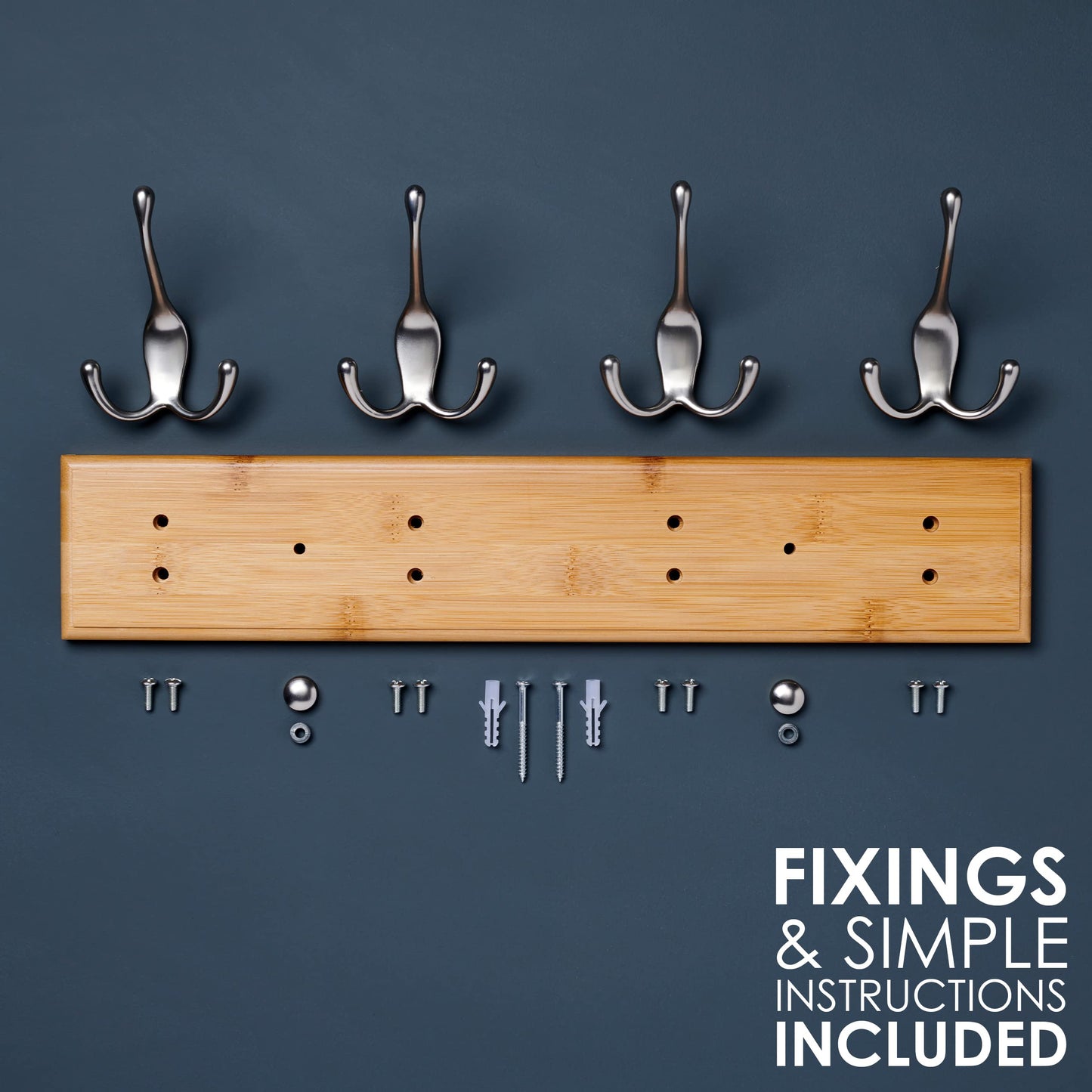LARHN Wooden Wall-Mounted Coat Rack - 4 Matt-Nickel Coat Hooks, 42cm