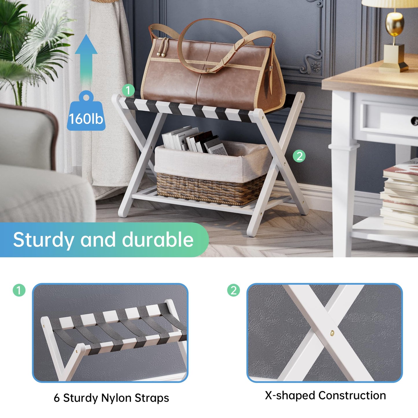 SMIBUY Luggage Rack, Foldable Bamboo Suitcase Stand with Storage Shelf for Guest Room, Bedroom, Hotel, Heavy-Duty (White)