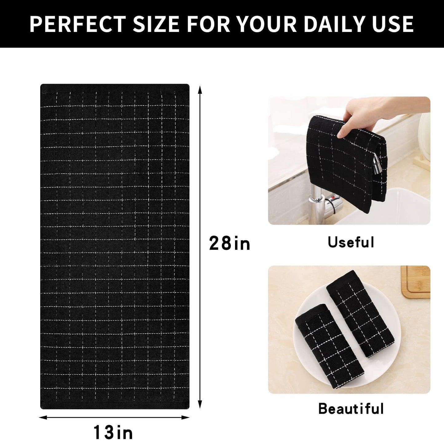 Homaxy 100% Cotton Terry Kitchen Towels(Black, 13 x 28 inches), Checkered Designed, Soft and Super Absorbent Dish Towels, 6 Pack