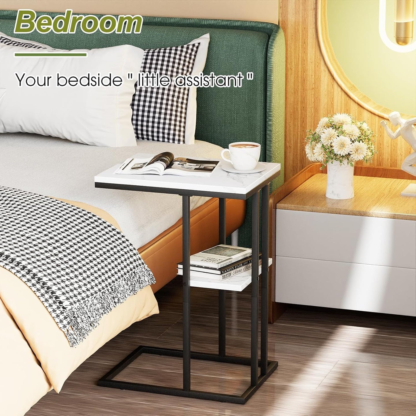 C Shaped End Table, Side Table, Sofa Table, Coffee Table Under Sofa, Small Couch Snack Tables, Bedside Tables with Metal Frame for Living Room