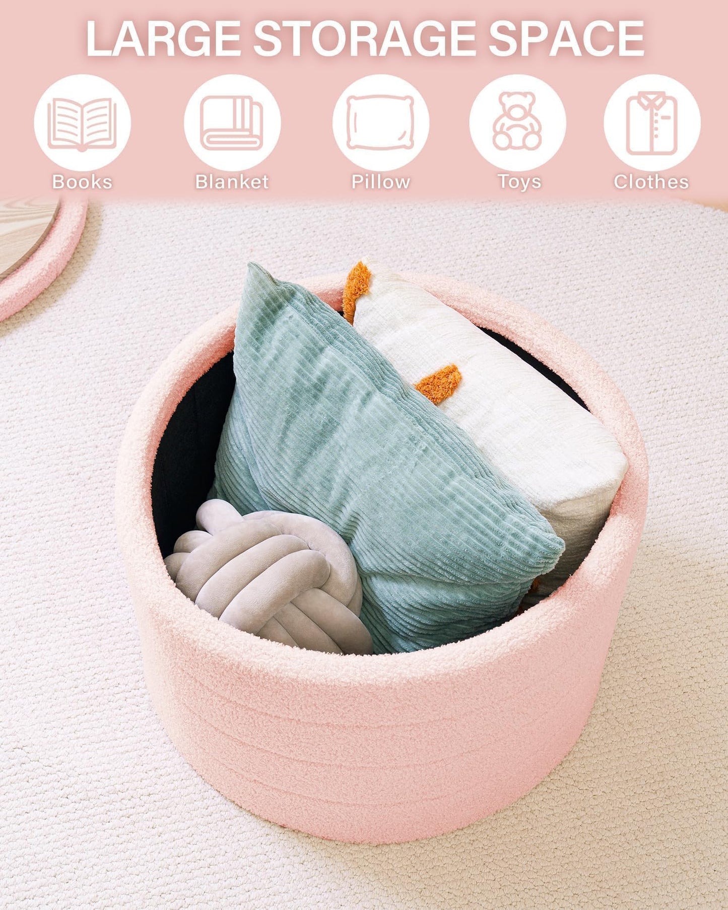 Bonlife Extra Large Folding Round Ottoman with Storage,Boucle Ottoman Stool, Footstool Seat Coffee Table,Toy Box Storage,Footrest Stool for Living
