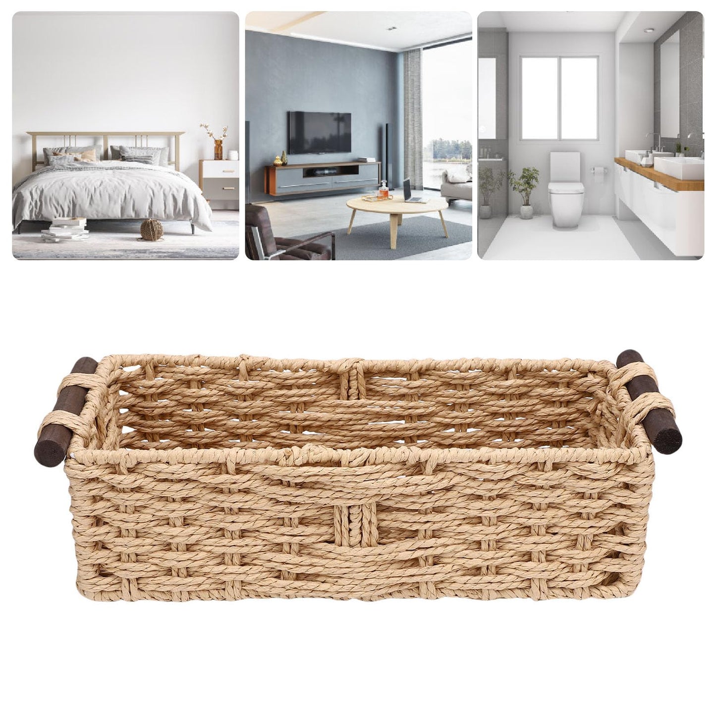 YUEHISY Toilet Paper Basket, Paper Rope Storage Bin with Wooden Handles, Bedroom Shelves and Countertop, Ideal Present for Friends or Family