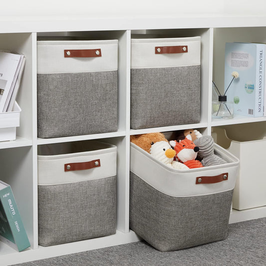 VIIHTYISA Fabric Storage Box, 4-Piece Set 25x25x25cm Cube Storage Boxes with Faux Leather Handle for Cube Shelves, Closet, Wardrobes | Grey & White