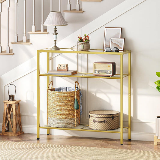 HOOBRO 3-Tier Gold Console Table, Tempered Glass Sofa Table, Narrow Side Table, Modern Hallway Table, for Living Room, Foyer, Hallway, Bedroom