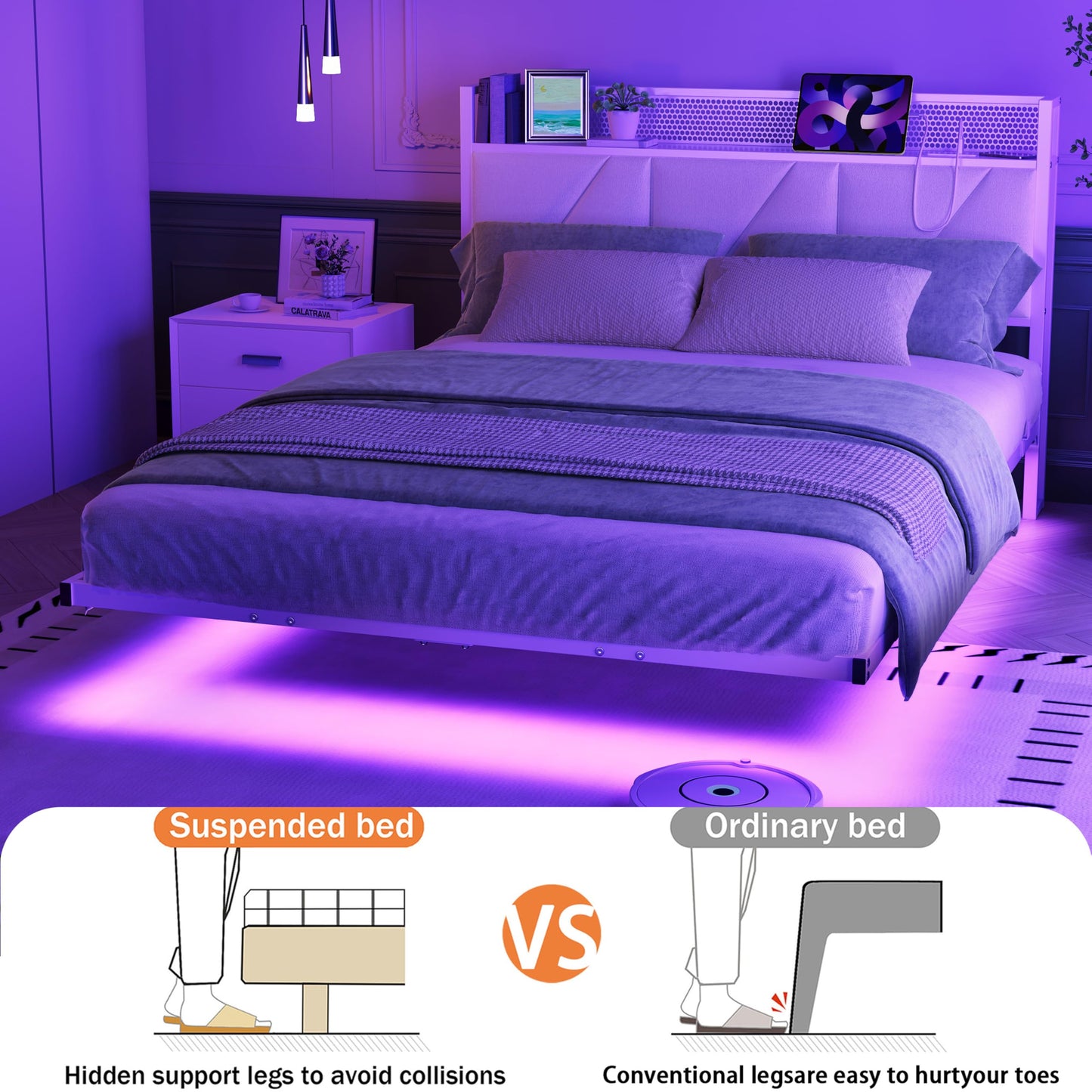 HAHRIR Floating Double Bed Frame with Upholstered Headboard Storage, White