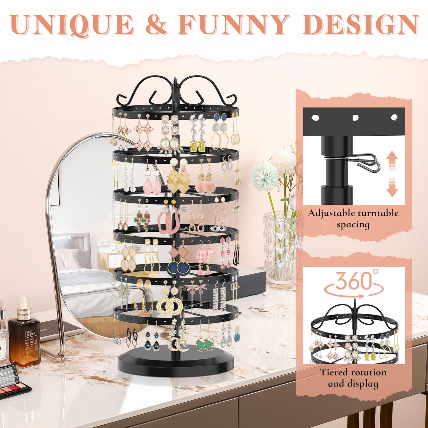 iDavosic.ly 6 Tier Metal Rotating Earring Holder Organizer, 264 Holes Earring Storage Display Tower Rack, Adjustable Earring Tree Organizer for Women